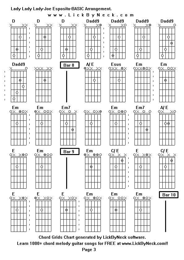 Chord Grids Chart of chord melody fingerstyle guitar song-Lady Lady Lady-Joe Esposito-BASIC Arrangement,generated by LickByNeck software.